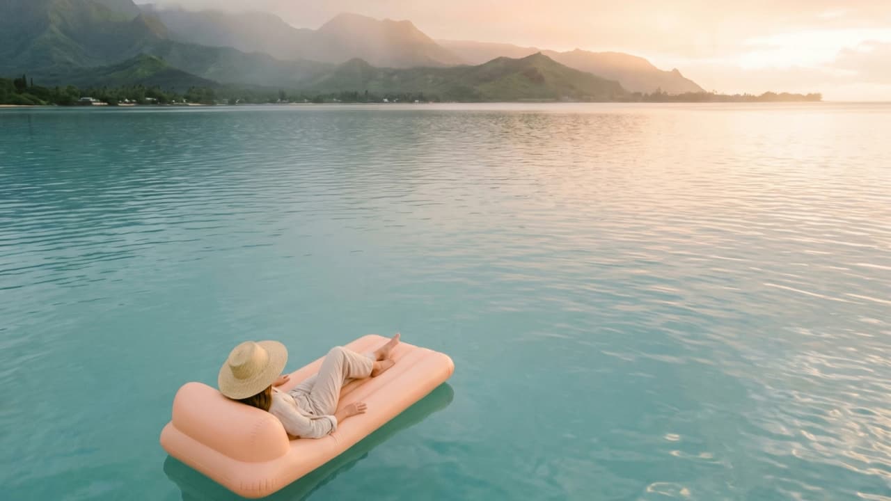 A person in a wide sun hat lounging on a peach pool float, drifting on a misty turquoise lagoon at dawn.
