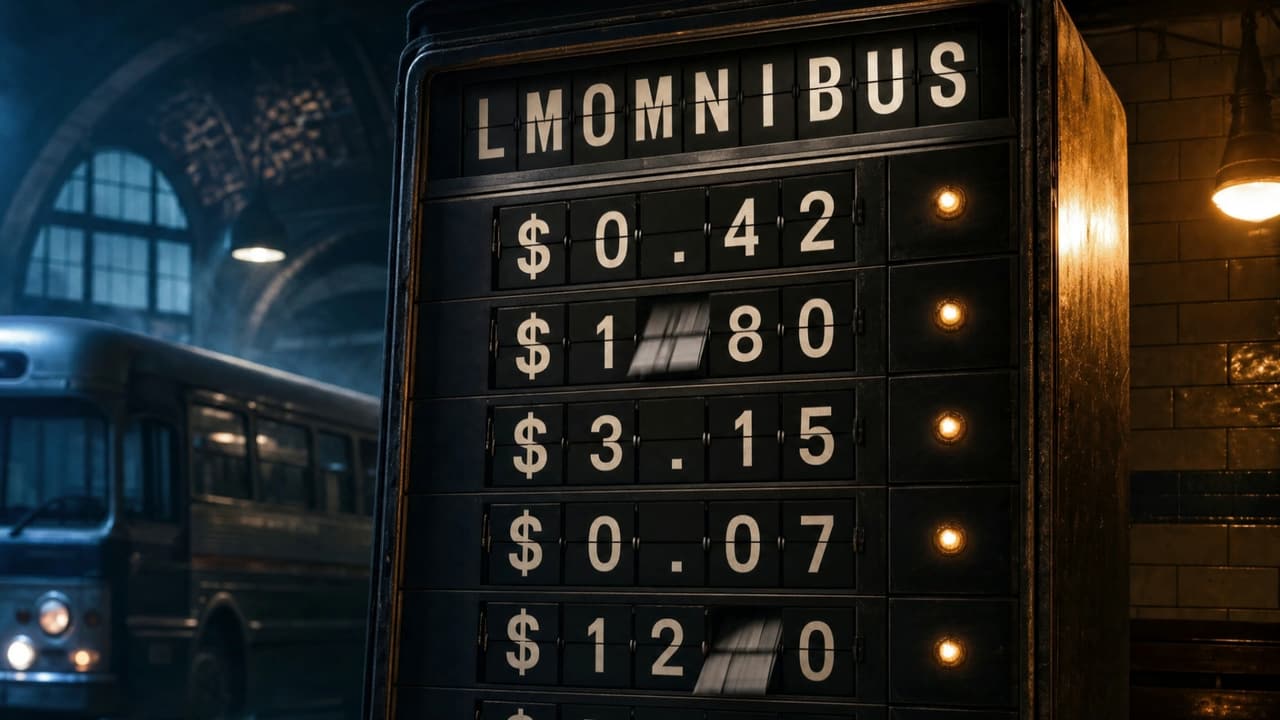 A vintage split-flap board glowing in a dark bus terminal, its header reading LMOmnibus above rows of prices.