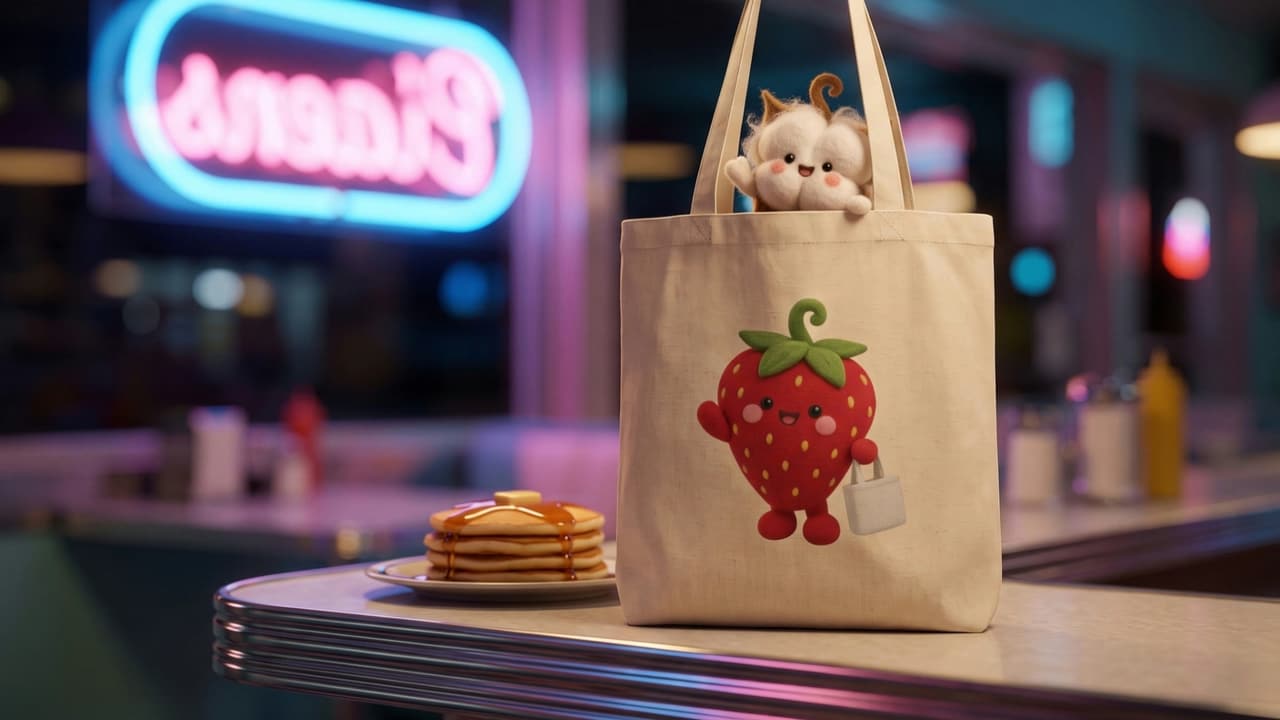 A Snug Totes strawberry tote bag with Puff, the fluffy cotton-boll mascot, peeking out of the top, on a diner counter under pink and blue neon.